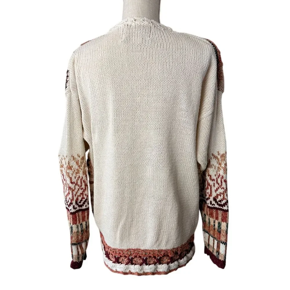 Vintage 90s Tiara International Sweater Womens Size L Multi Ramie Floral Chunky